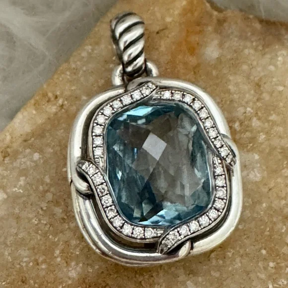 David Yurman Large Diamond Blue Topaz Labyrinth Enhancer Pendant .925 - Picture 1 of 10
